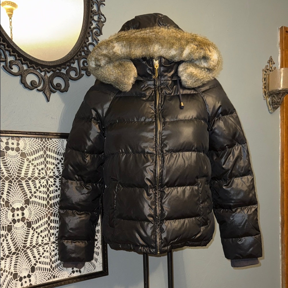 Juicy Couture Black Puffer Jacket with Faux Fur Trim Hood